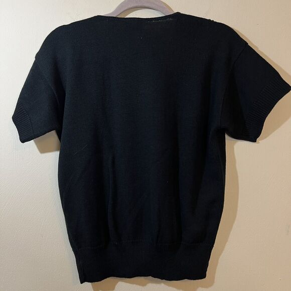 Vintage 80s Keneth too! Black Knit Sweater Swirl Beaded Short Sleeve V Neck - Picture 3 of 6
